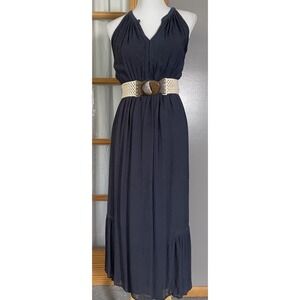 World Market Silk Fine Floral Dress Sz M/L Midi Navy Halter Neck Nautical Beach